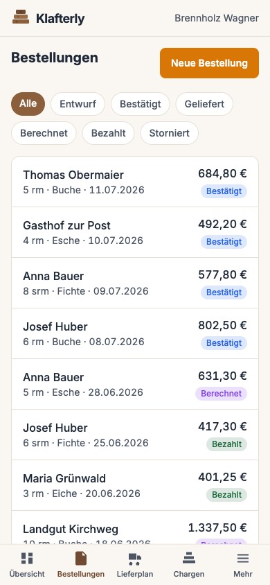 Klafterly auf dem Smartphone: Bestellliste mit Status