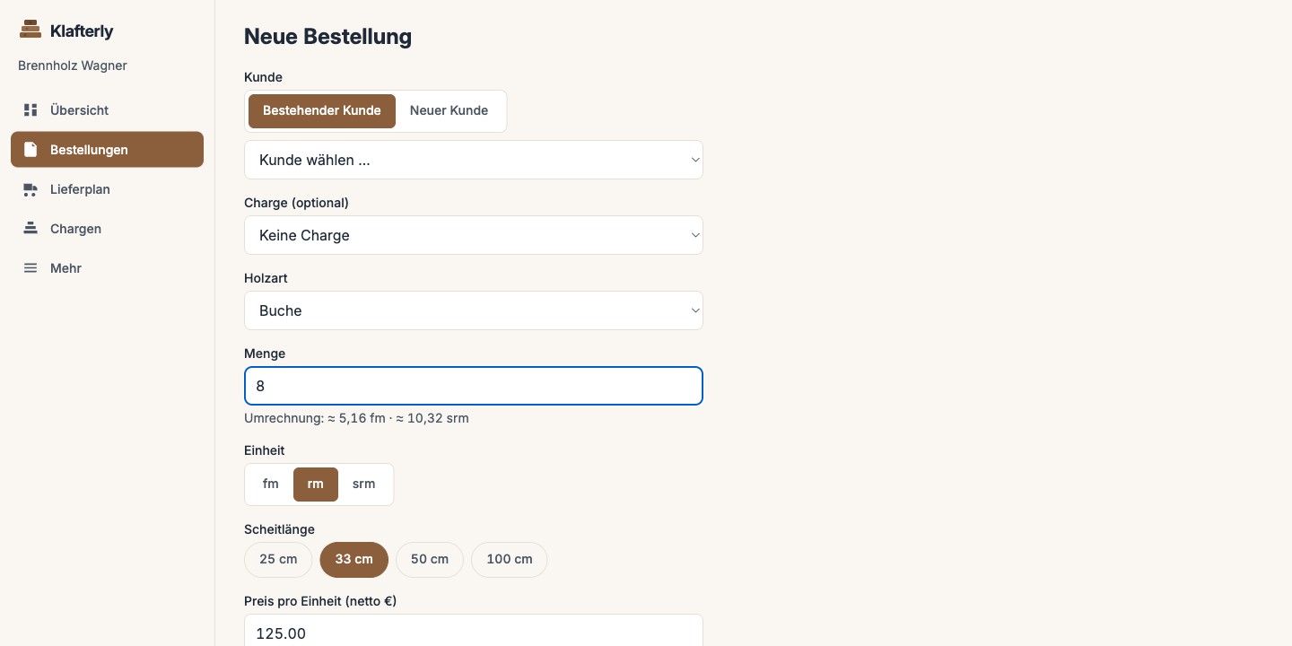 Bestellformular mit Live-Umrechnung von 8 rm in Festmeter und Schüttraummeter